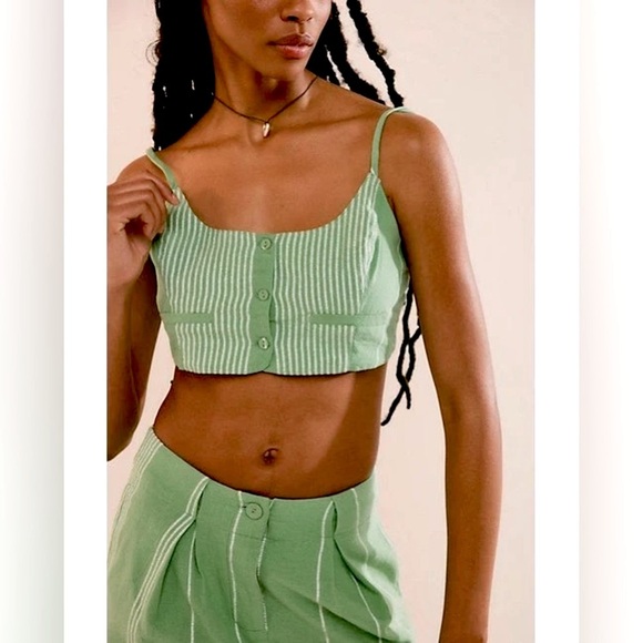 FREE PEOPLE SET Casual Friday Green Stripe Pants & Tank Top - Picture 2 of 16